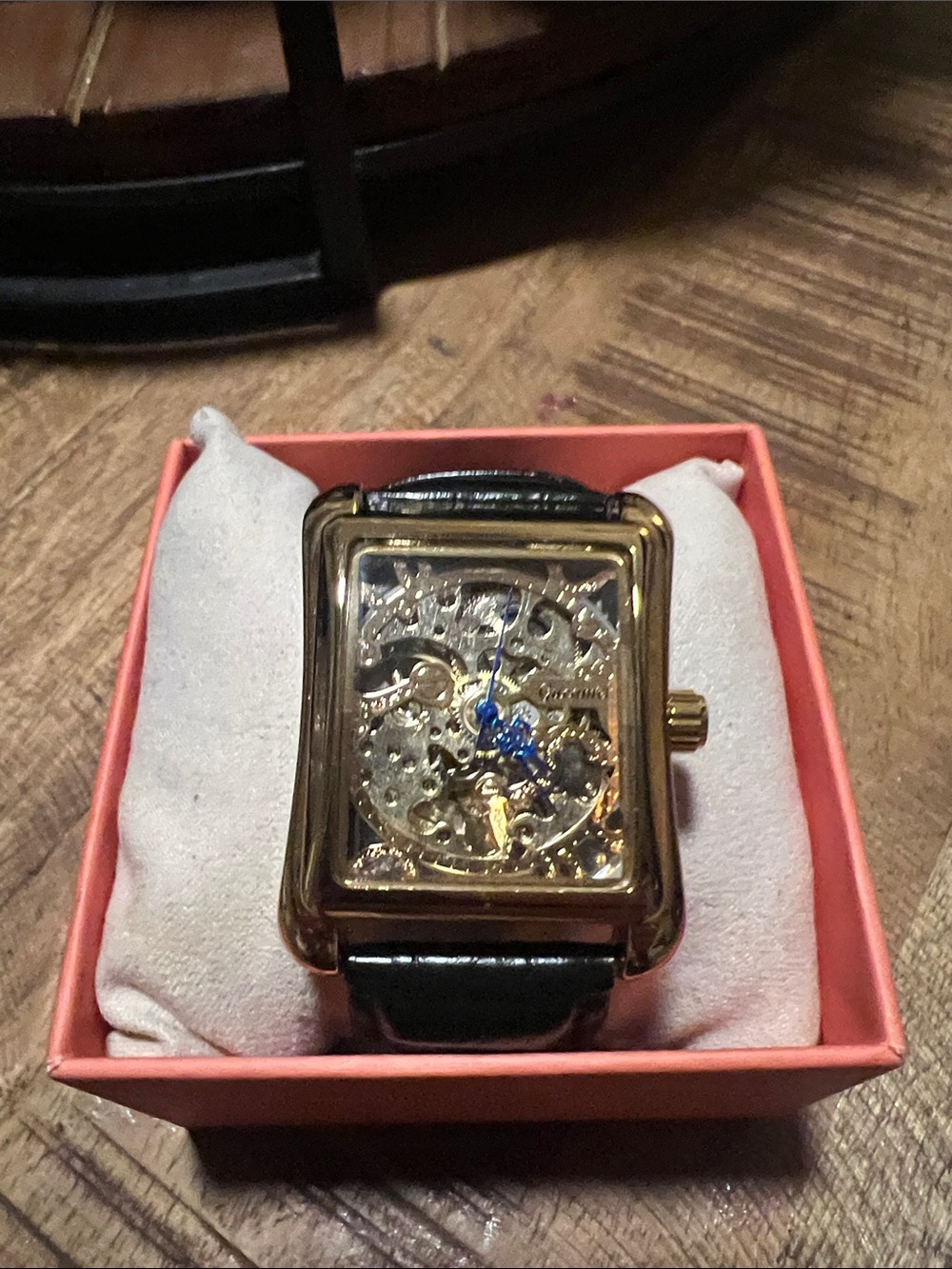 Gold-Tone Skeleton Mechanical Watch with Black Leather Strap